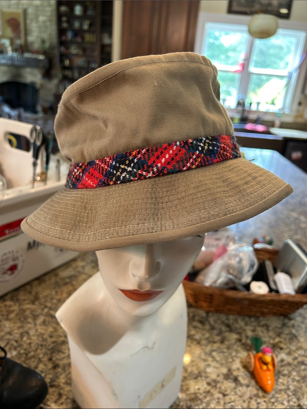 1970’s LL Bean Sz 7 Khaki Canvas Bucket Hat with Red Tartan Plaid Band
